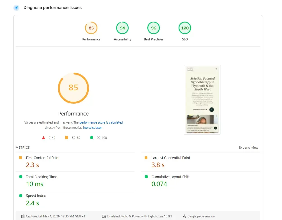 Samantha Welstead Hypnotherapy mobile PageSpeed Insights score after redesign