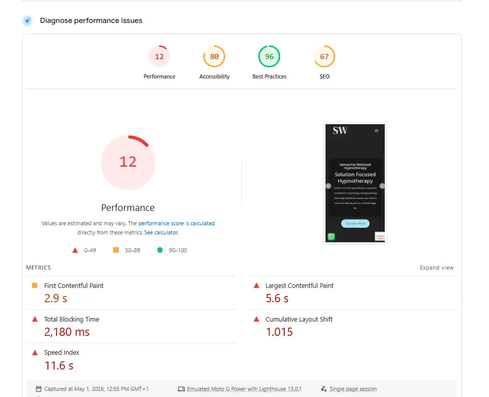 Samantha Welstead Hypnotherapy mobile PageSpeed Insights score before redesign